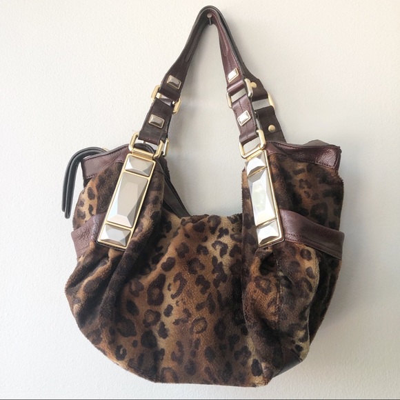 B. Makowsky Brown Leather/Leopard Material Hobo Bag - Picture 1 of 9